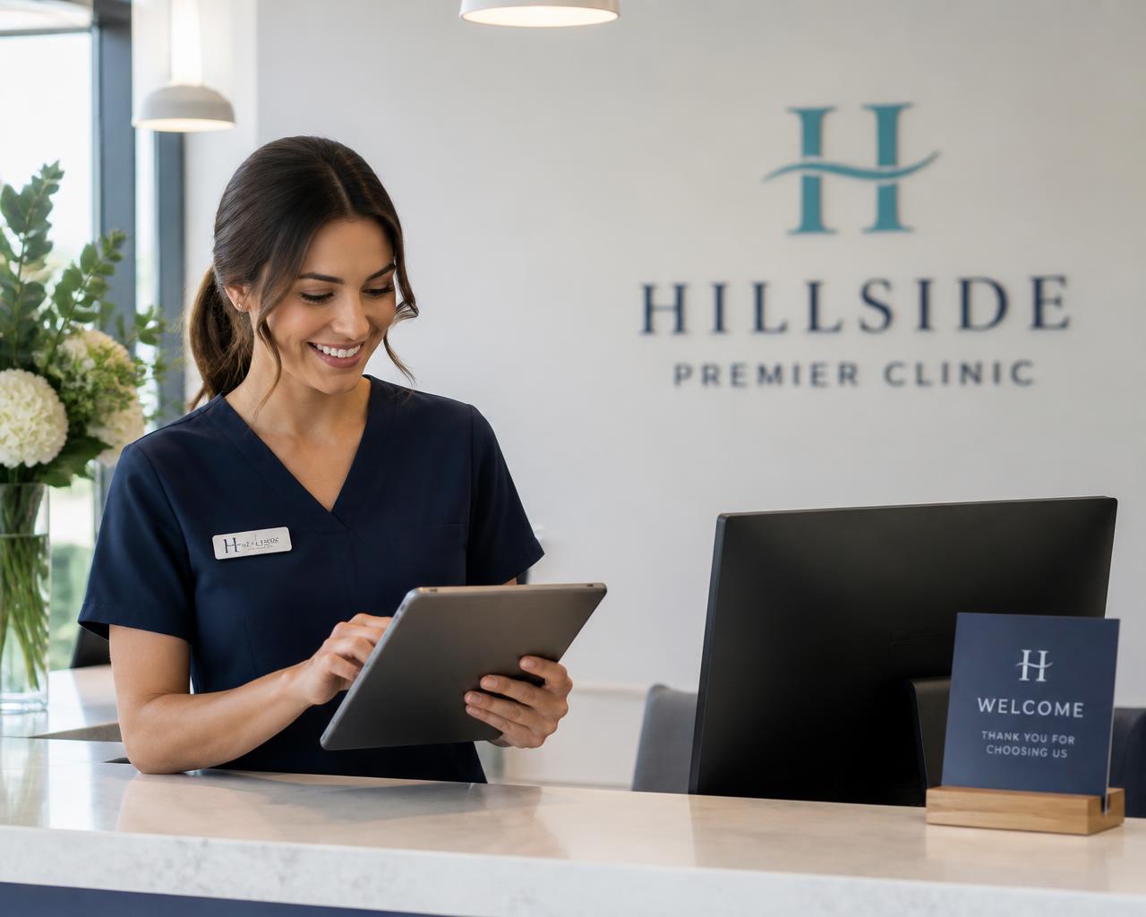 Clinic front-desk coordinator checking new patient enquiries on a tablet